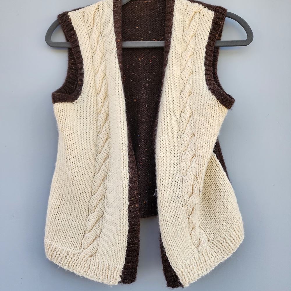 Cozy Cream and Brown Cable Knit Women's Sweater Vest